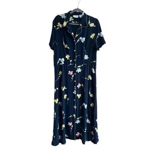 90s Women's Floral Midi Dress Grunge Navy Button Front Collared Size 10